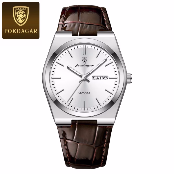 Poedagar 930 classic men's quartz watch in Silver with brown leather